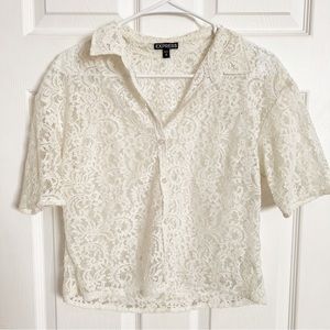 Express | White Lace Button Down Collar Short Sleeve Semi-Sheer Blouse, M